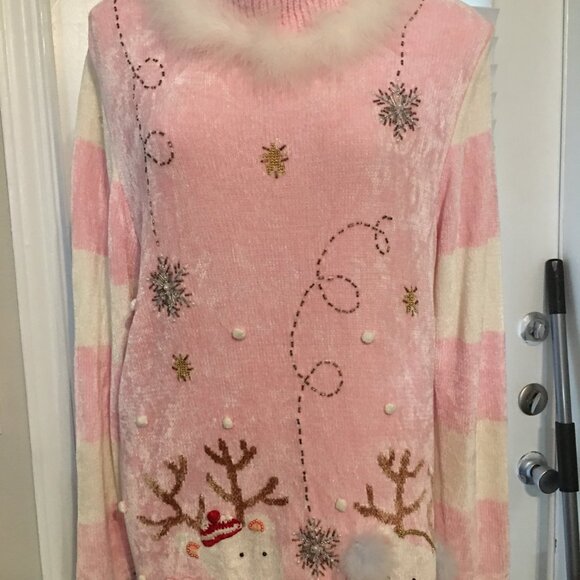 Berek Pullover Pink & Boa Christmas Sweater Fits 40 Bust Vintage Sw1 - Picture 2 of 4